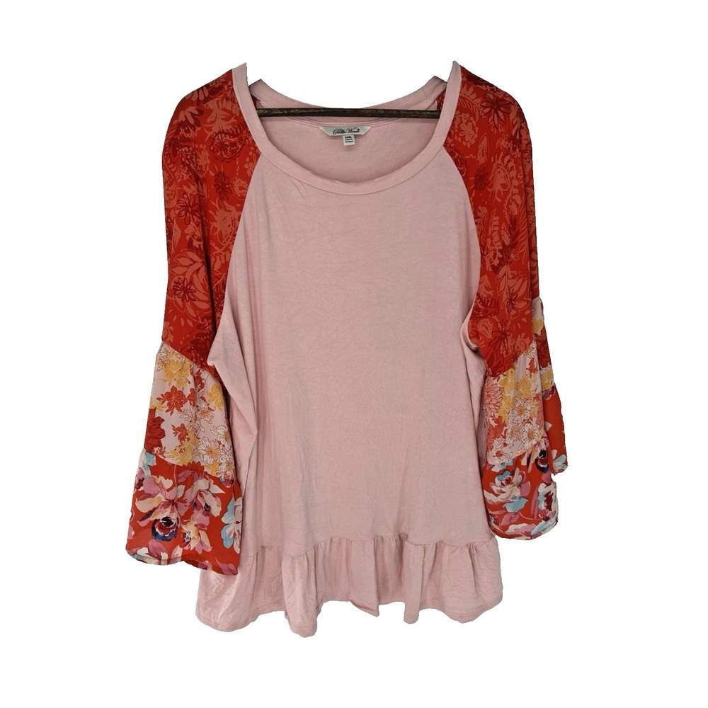 Pioneer Woman Patchwork Pink Print Tiered Bell Sleeve Boho Festival 3X Ruffle
